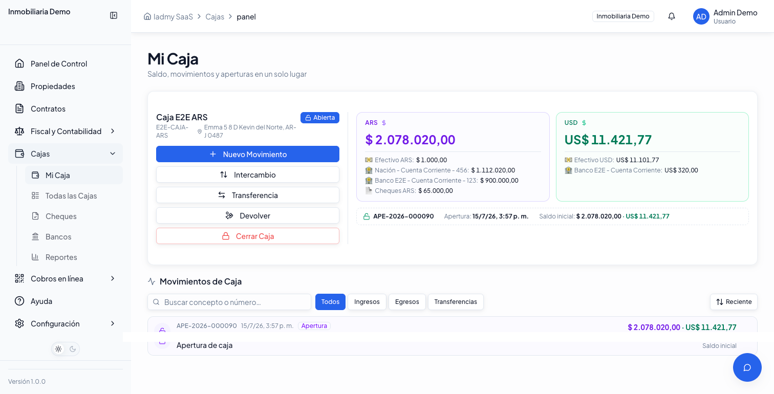 Mi Caja: saldo multimoneda, movimientos y aperturas