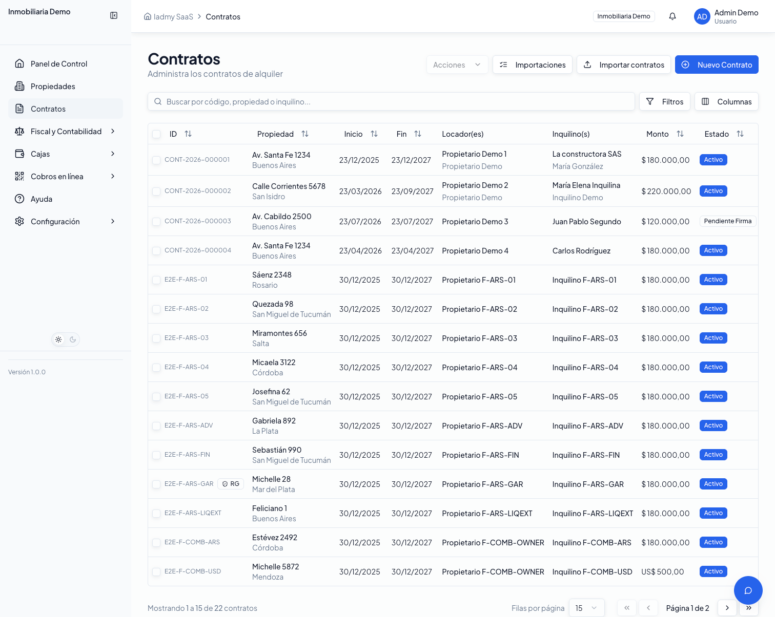 Listado de contratos de alquiler con propiedad, partes, fechas, montos y estado